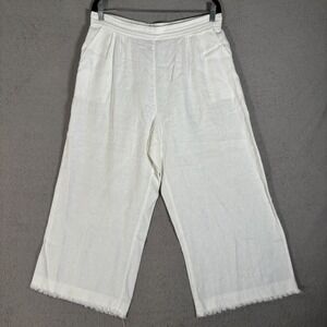 John Mark Gaucho Pants Women's Size L‎ White Linen Wide Leg Cropped Frayed Hem